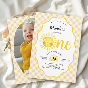 Little Sunshine Sun Yellow Gingham 1st Birthday Invitation