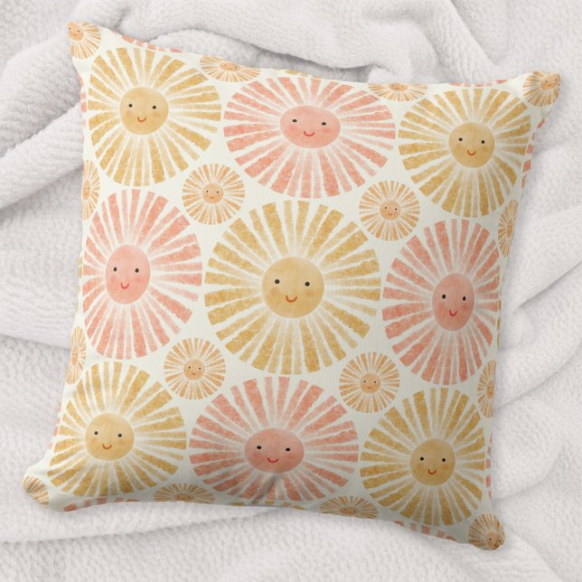 Little Sunshine Watercolor Pattern Cushion (Happy watercolor sunshine pattern throw pillow)