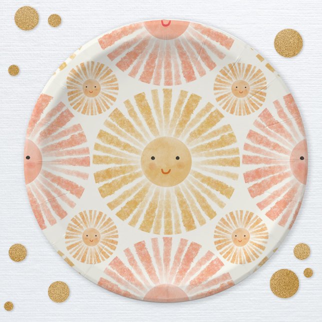 Little Sunshine Watercolor Pattern Paper Plate (Happy watercolor sunshine pattern party paper plates)