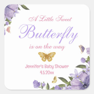 little sweet butterfly purple floral baby shower  square sticker