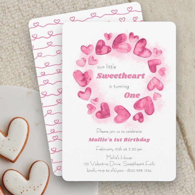 Little Sweetheart 1st Birthday Pink Love Heart Invitation (Little Sweetheart Pink Heart Birthday Invitation)