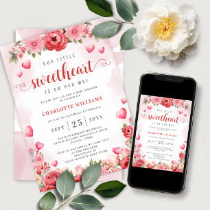 Little Sweetheart Baby Shower Cute Floral Hearts Invitation
