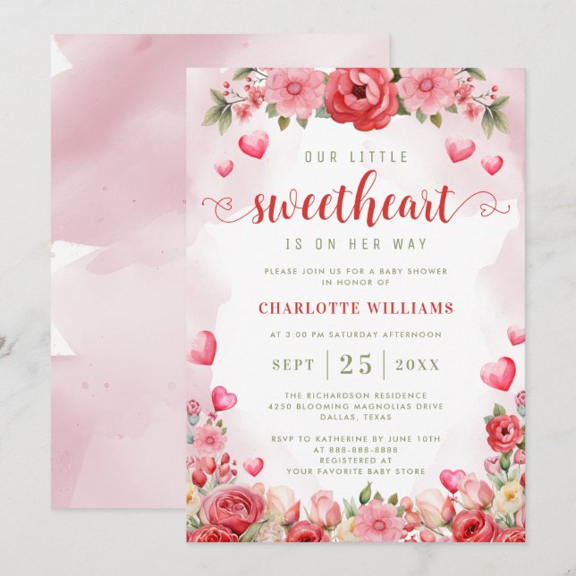 Little Sweetheart Baby Shower Floral Hearts Cute Invitation (Front/Back)