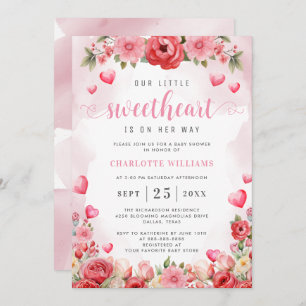 Little Sweetheart Baby Shower Floral Hearts Pink Invitation