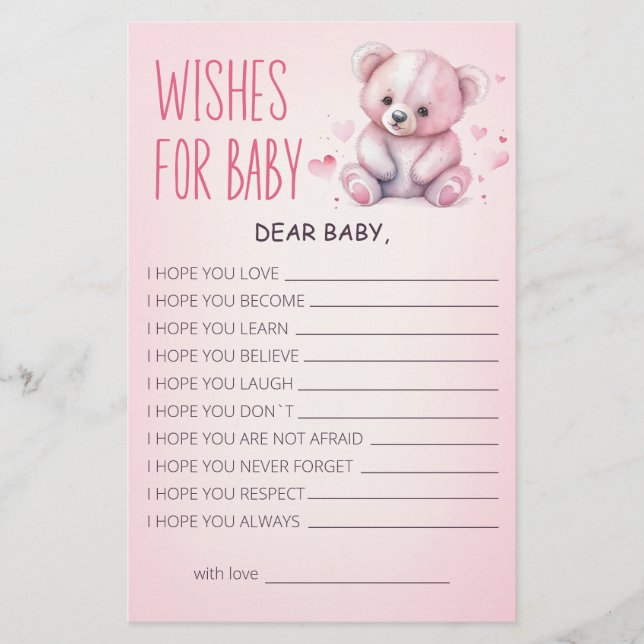 Little sweetheart bear Baby Shower Wishes for Baby (Front)
