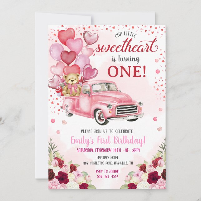 Little Sweetheart Bear Pink Hearts Truck Birthday Invitation (Front)