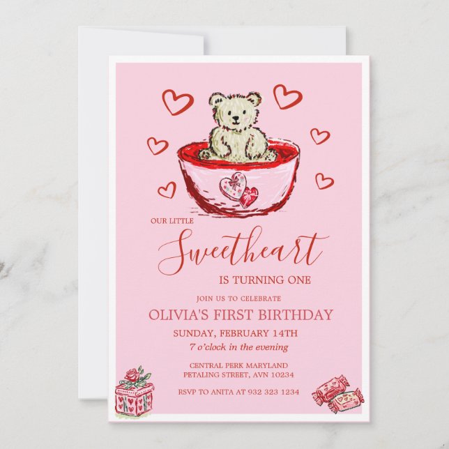 Little Sweetheart Birthday Bear Hearts Invitation (Front)