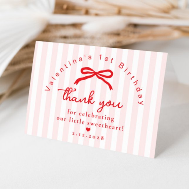 Little Sweetheart Birthday Coquette  Pink Red Bow Thank You Card (Creator Uploaded)
