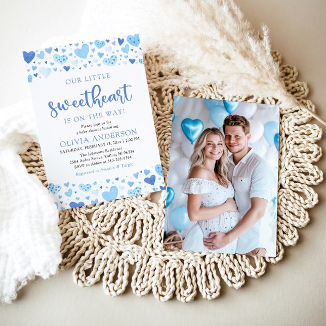 Little Sweetheart Blue Boy Valentine Baby Shower Invitation (Watercolor Cute A Little Sweetheart Baby Blue Boy Hearts Valentine Photo Baby Shower Invitation)