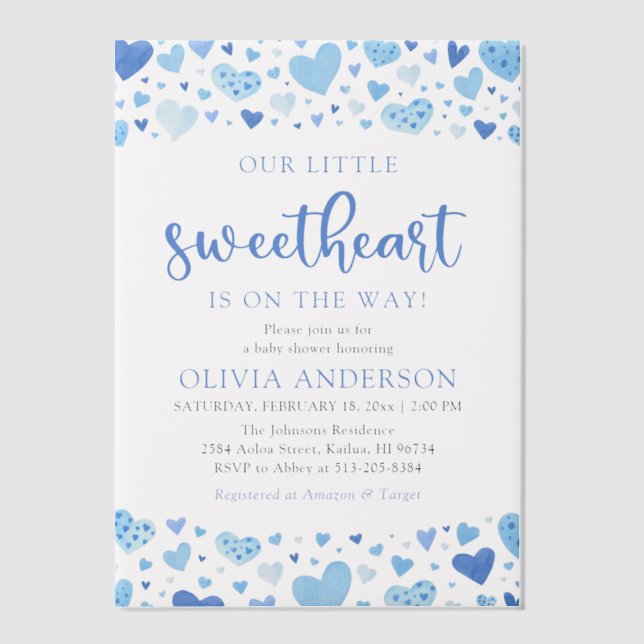 Little Sweetheart Blue Boy Valentine Baby Shower Vellum Invitations (Front)