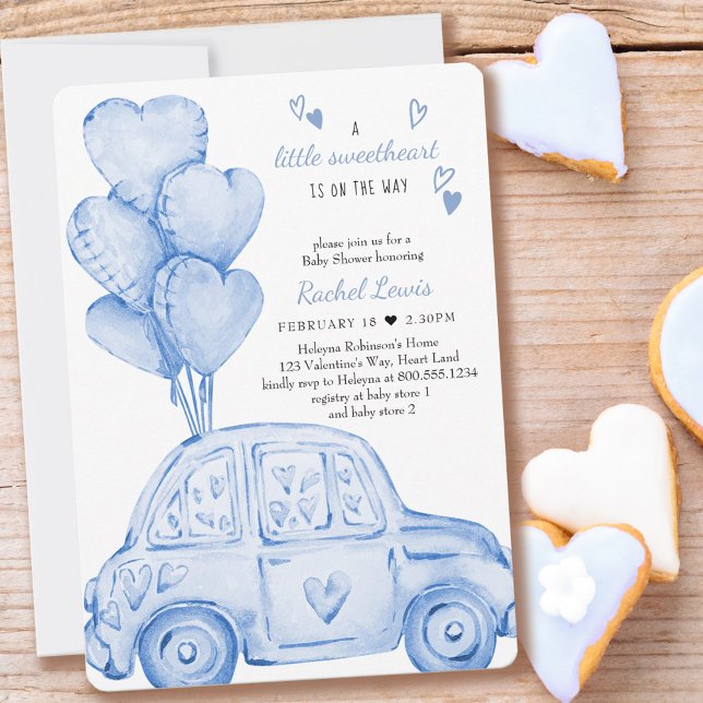 Little Sweetheart Blue Car and Balloon Baby Shower Invitation (Creator Uploaded)