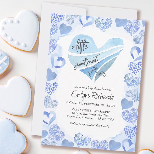 Little Sweetheart Blue Love Hearts Boy Baby Shower Invitation (Creator Uploaded)