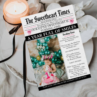 Little Sweetheart Bow First 1st Birthday photo Invitation