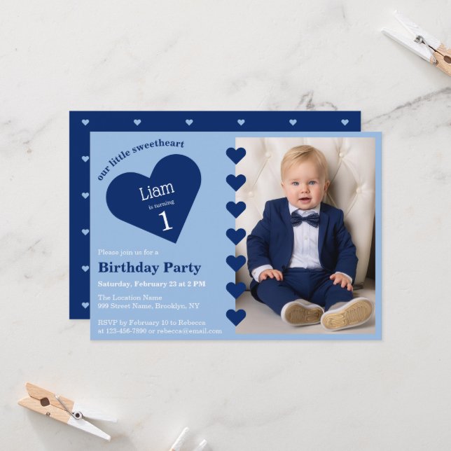 Little Sweetheart Boy Photo & Blue Heart Birthday Invitation (Front/Back In Situ)