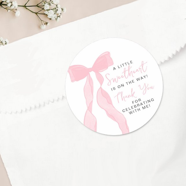 Little Sweetheart Elegant Pink Bow Baby Shower Classic Round Sticker (Creator Uploaded)