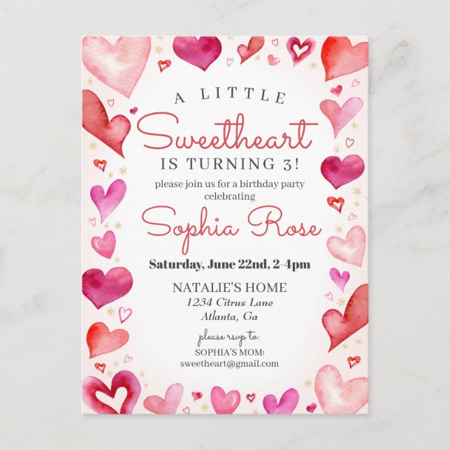 Little Sweetheart February Birthday Party for Girl Postcard (Front)