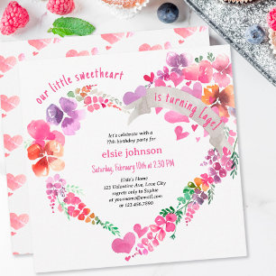 Little Sweetheart Floral Love Heart Girly Birthday Invitation