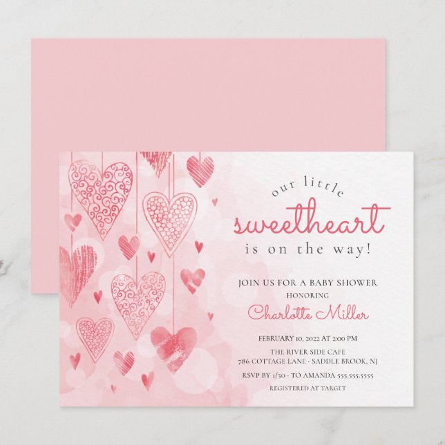 Little Sweetheart Hanging Hearts Girls Baby Shower Invitation (Front/Back)