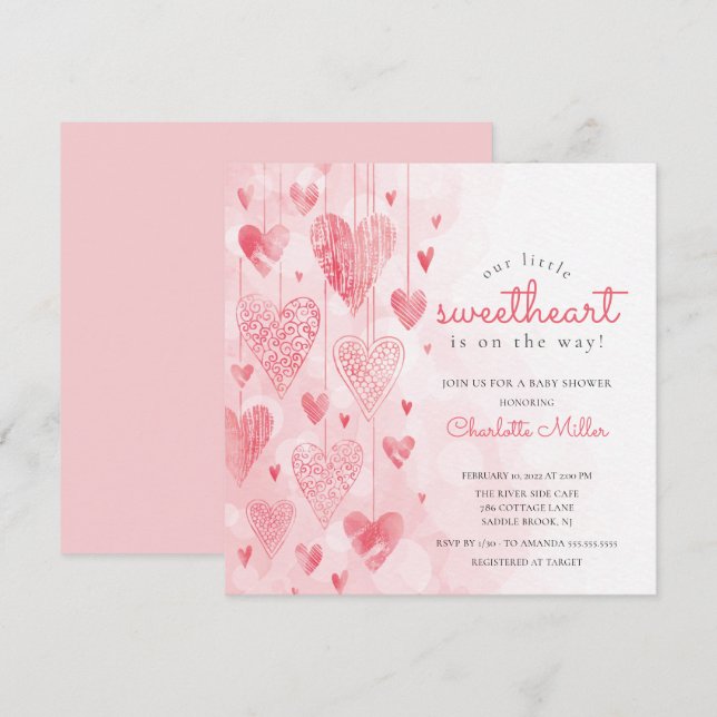 Little Sweetheart Hanging Hearts Girls Baby Shower Invitation (Front/Back)