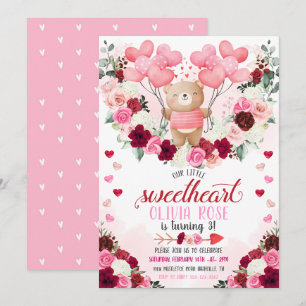 Little Sweetheart Pink Bear Valentine's Birthday Invitation