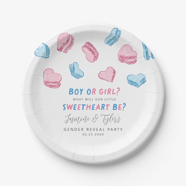 Little Sweetheart Pink & Blue Heart Gender Reveal Paper Plate (Front)
