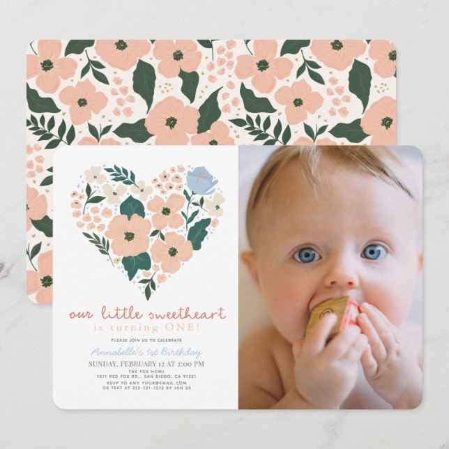 Little Sweetheart Pink Floral 1st Birthday Photo Invitation (Front/Back)