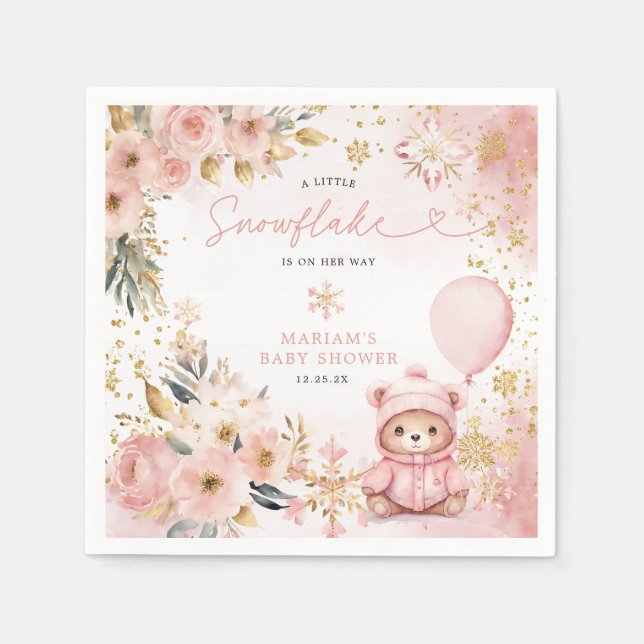 Little Sweetheart Pink Floral Bear Baby Shower  Napkin (Front)