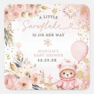 Little Sweetheart Pink Floral Bear Baby Shower  Square Sticker