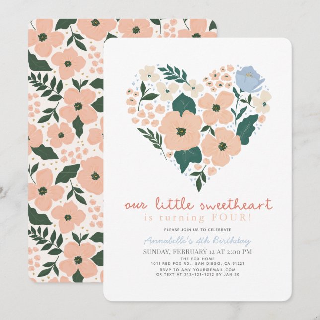 Little Sweetheart Pink Floral Girl Birthday Invitation (Front/Back)