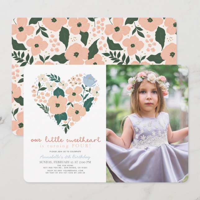Little Sweetheart Pink Floral Girl Birthday Photo Invitation (Front/Back)
