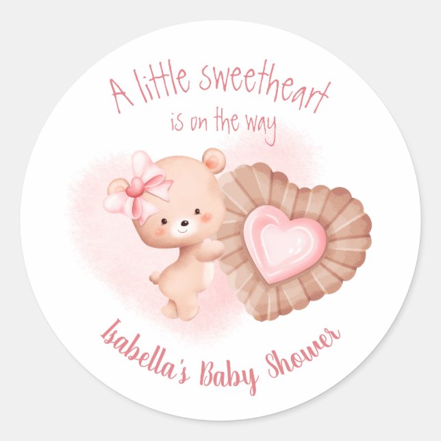 Little Sweetheart Pink Girl Baby Shower Classic Round Sticker (Front)