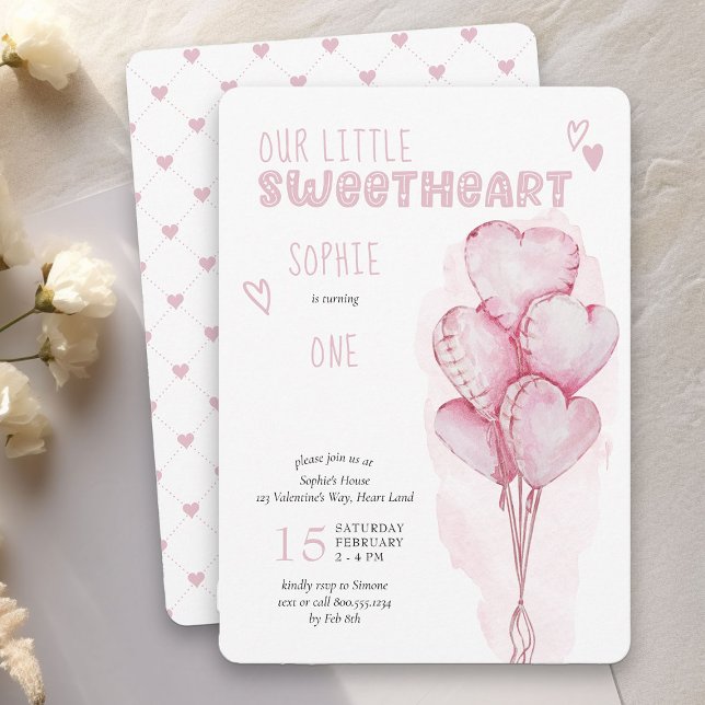 Little Sweetheart Pink Heart Balloons 1st Birthday Invitation (Little Sweetheart Girls Birthday Invitation - order printed or as printable instant download)