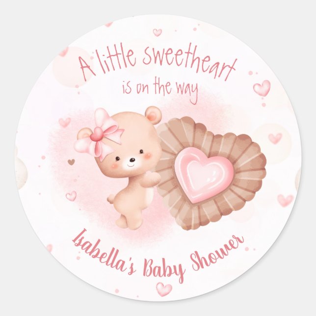 Little Sweetheart Pink Heart Girl Baby Shower Classic Round Sticker (Front)