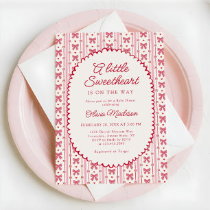 Little Sweetheart Pink Red Bow Baby Shower Invitation