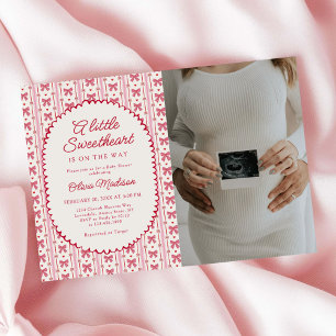 Little Sweetheart Pink Red Bow Baby Shower Photo Invitation