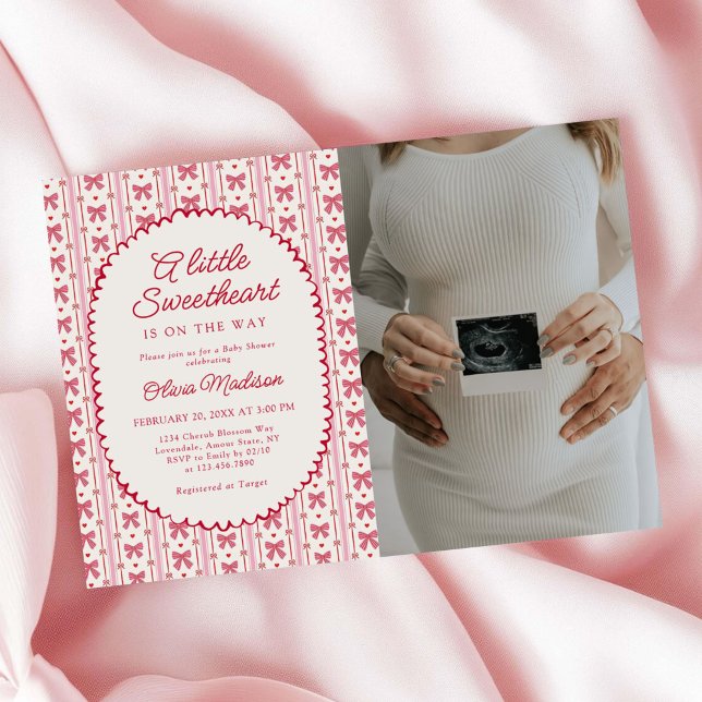 Little Sweetheart Pink Red Bow Baby Shower Photo Invitation (Creator Uploaded)