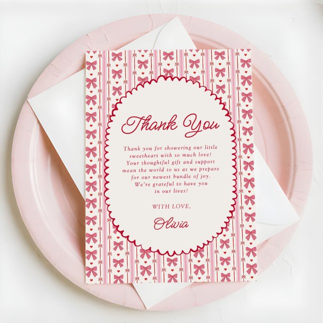 Little Sweetheart Pink Red Bow Baby Shower Thank You Card (Creator Uploaded)