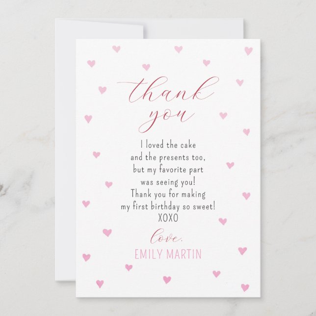 Little Sweetheart Pink Red Hearts 1st Birthday Thank You Card (Front)