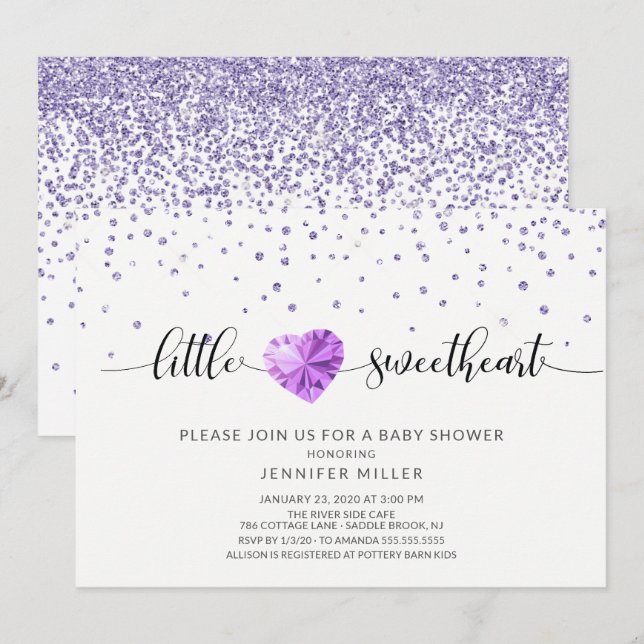 Little Sweetheart Purple Heart Girls Baby Shower Invitation (Front/Back)
