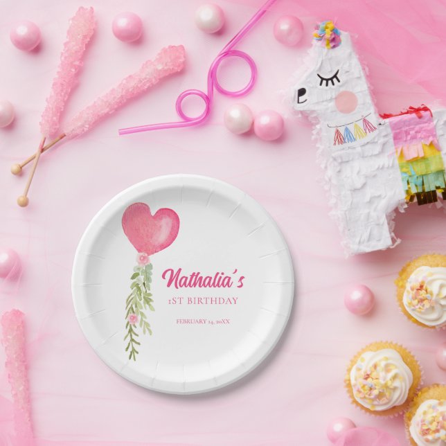 Little Sweetheart Red Heart Balloon Birthday  Paper Plate (Party)