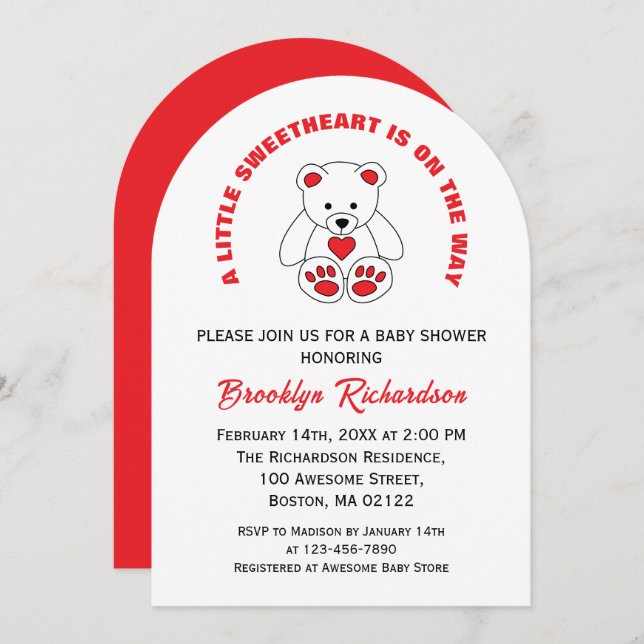Little Sweetheart Red White Teddy Bear Baby Shower Invitation (Front/Back)