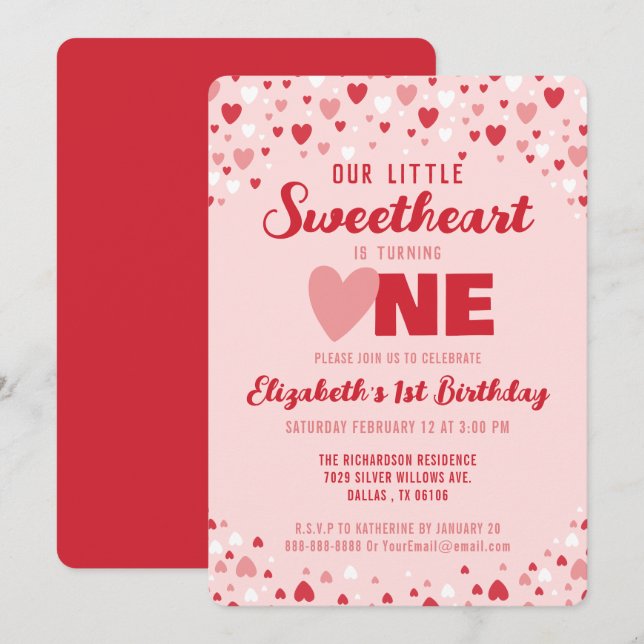 Little Sweetheart Turning One 1st Birthday Party Invitation (Front/Back)