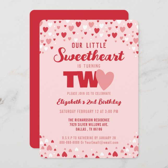 Little Sweetheart Turning Two 2nd Birthday Party Invitation (Front/Back)