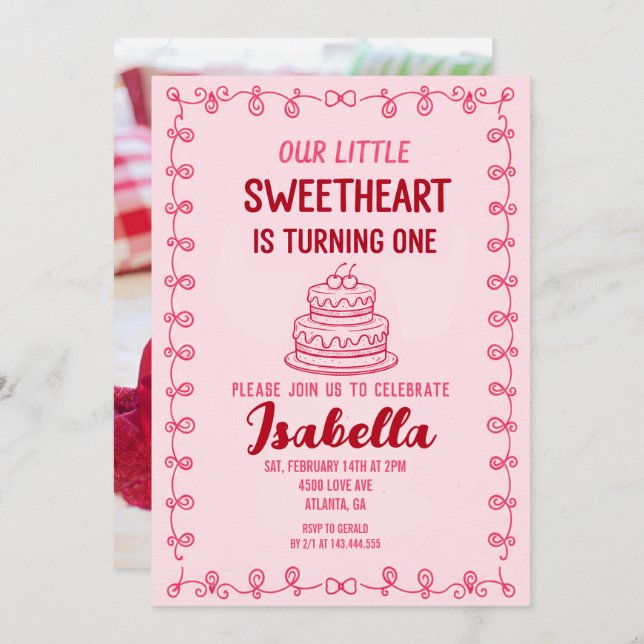 Little Sweetheart Valentine 1st Birthday Cake  Invitation (Front/Back)
