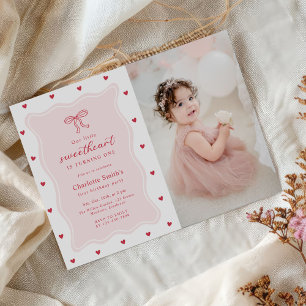 Little Sweetheart Valentine Bow 1st Birthday Photo Invitation