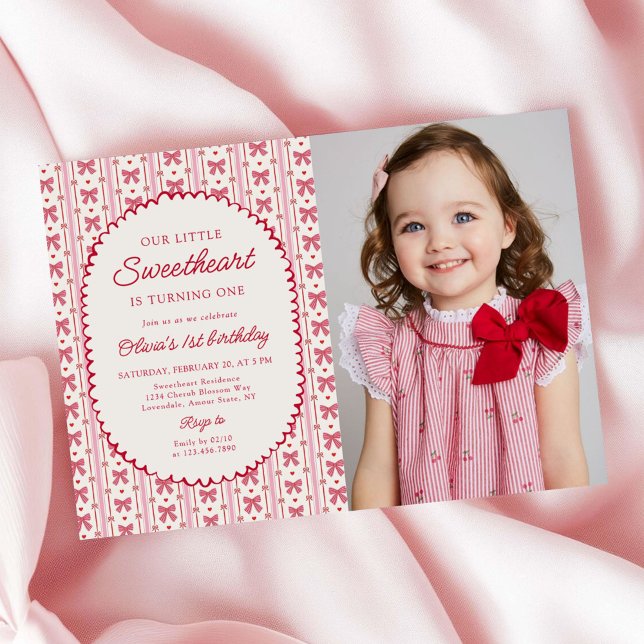 Little Sweetheart Valentine Bow 1st Birthday Photo Invitation (Creator Uploaded)
