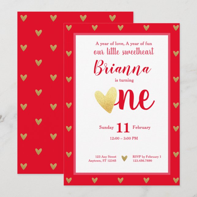 Little Sweetheart Valentine Hearts First Birthday Invitation (Front/Back)