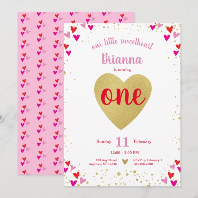 Little Sweetheart Valentine Hearts First Birthday Invitation (Front/Back)