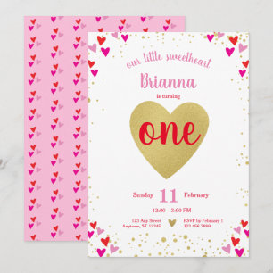 Little Sweetheart Valentine Hearts First Birthday Invitation