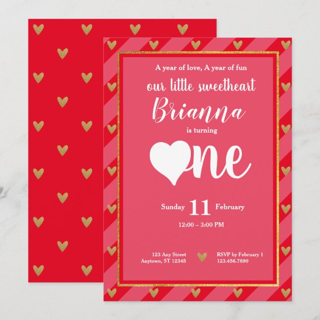 Little Sweetheart Valentine Hearts First Birthday Invitation (Front/Back)